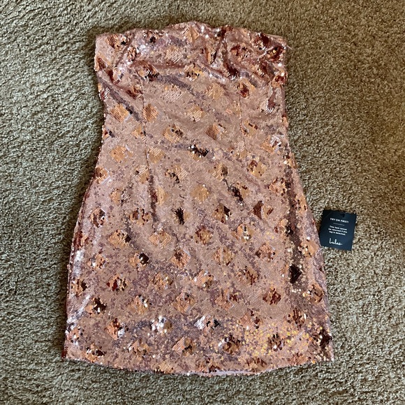 Lulus Glamorous Lifestyle Rose Gold Sequin Strapless Bodycon Mini Dress - Picture 2 of 3